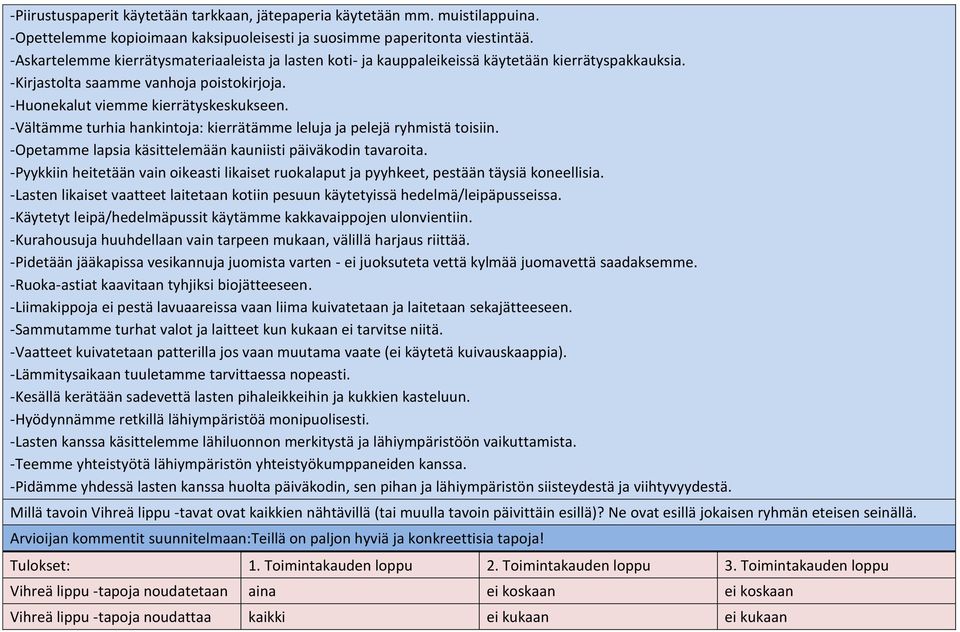 -Vältämme turhia hankintoja: kierrätämme leluja ja pelejä ryhmistä toisiin. -Opetamme lapsia käsittelemään kauniisti päiväkodin tavaroita.