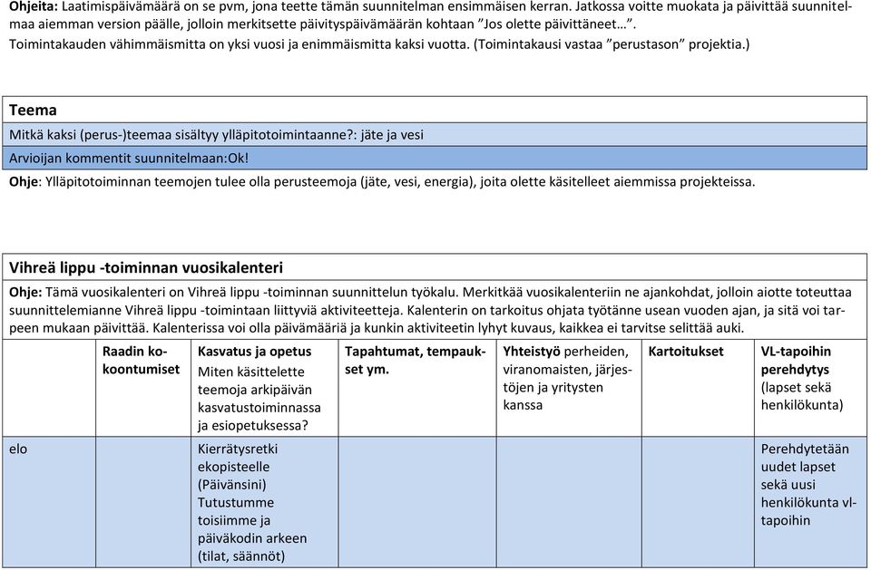 Toimintakauden vähimmäismitta on yksi vuosi ja enimmäismitta kaksi vuotta. (Toimintakausi vastaa perustason projektia.) Teema Mitkä kaksi (perus-)teemaa sisältyy ylläpitotoimintaanne?