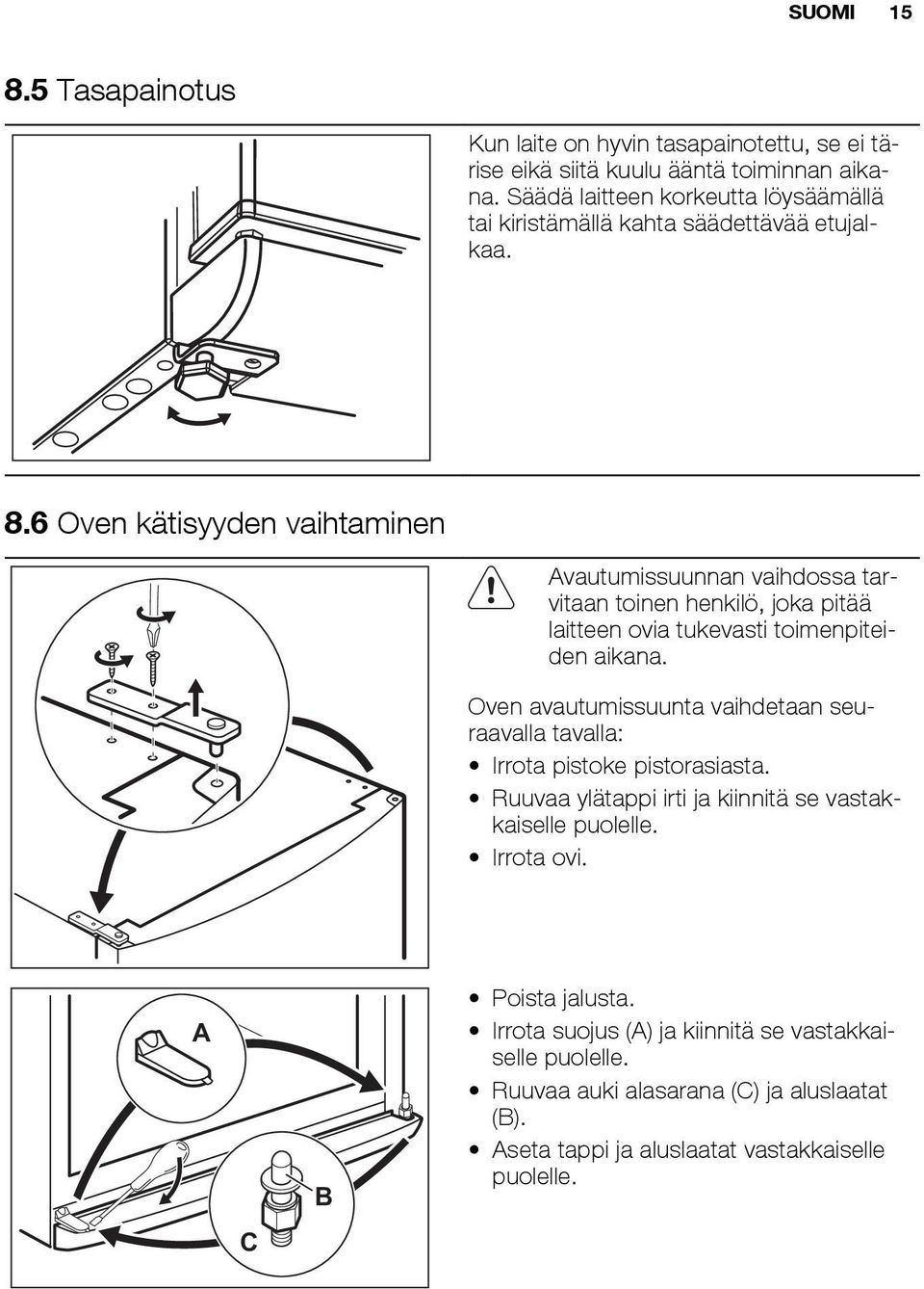 6 Oven kätisyyden vaihtaminen Avautumissuunnan vaihdossa tarvitaan toinen henkilö, joka pitää laitteen ovia tukevasti toimenpiteiden aikana.