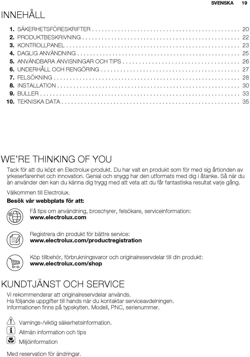 FELSÖKNING.......................................................... 28 8. INSTALLATION......................................................... 30 9. BULLER.............................................................. 33 10.