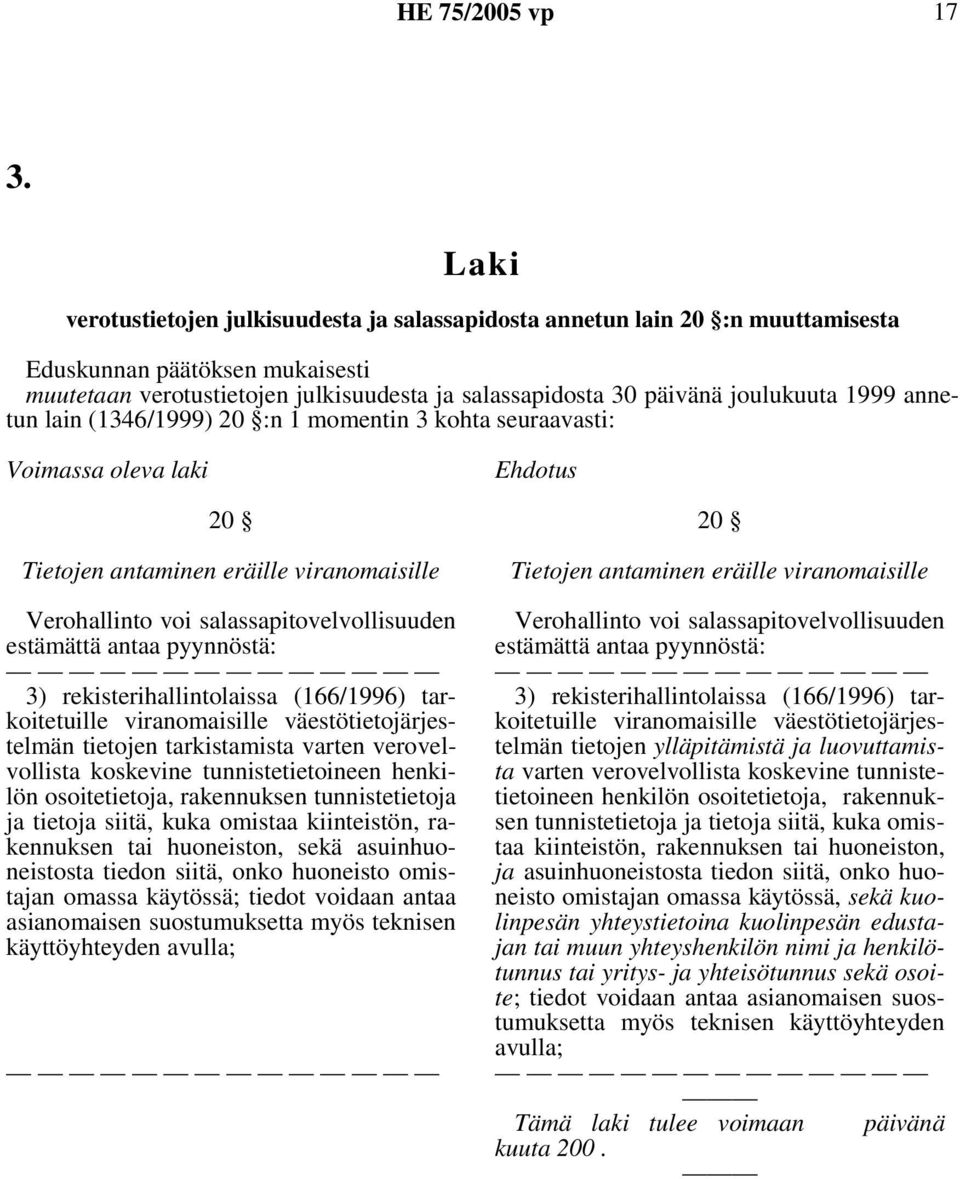 1999 annetun lain (1346/1999) 20 :n 1 momentin 3 kohta seuraavasti: Voimassa oleva laki Ehdotus 20 Tietojen antaminen eräille viranomaisille Verohallinto voi salassapitovelvollisuuden estämättä antaa