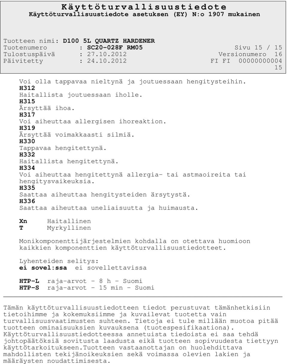 H334 Voi aiheuttaa hengitettynä allergia- tai astmaoireita tai hengitysvaikeuksia. H335 Saattaa aiheuttaa hengitysteiden ärsytystä. H336 Saattaa aiheuttaa uneliaisuutta ja huimausta.