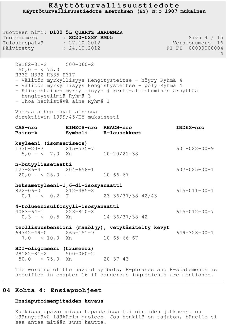 EINECS-nro REACH-nro INDEX-nro Paino-% Symboli R-lausekkeet ksyleeni (isomeeriseos) 1330-20-7 215-535-7 601-022-00-9 5,0 - < 7,0 Xn 10-20/21-38 n-butyyliasetaatti 123-86-4 204-658-1 607-025-00-1 20,0