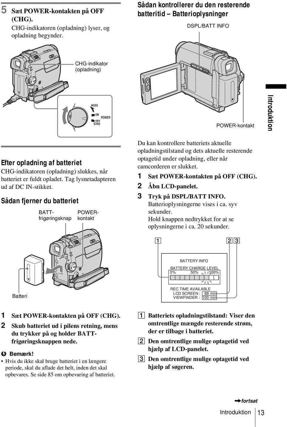 slukkes, når batteriet er fuldt opladet. Tag lysnetadapteren ud af DC IN-stikket.