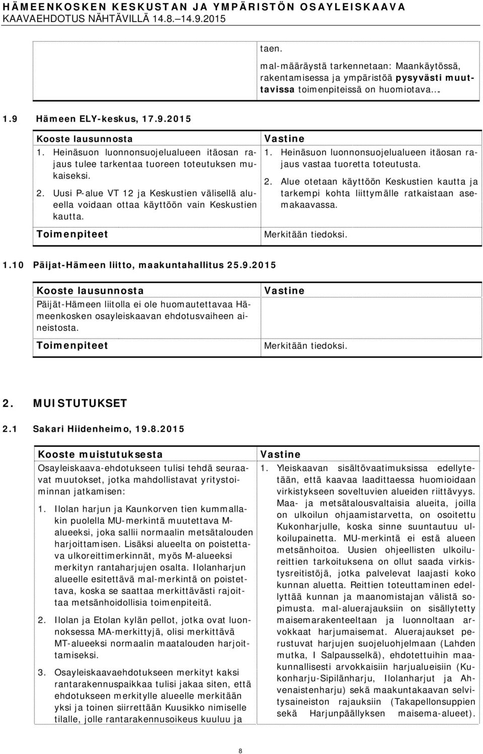 Heinäsuon luonnonsuojelualueen itäosan rajaus tulee tarkentaa tuoreen toteutuksen mukaiseksi. 2. Uusi P-alue VT 12 ja Keskustien välisellä alueella voidaan ottaa käyttöön vain Keskustien kautta.