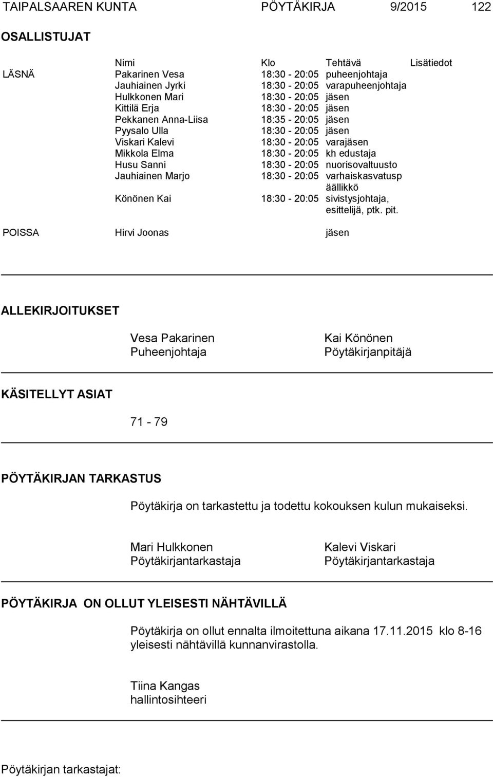 Sanni 18:30-20:05 nuorisovaltuusto Jauhiainen Marjo 18:30-20:05 varhaiskasvatusp äällikkö Könönen Kai 18:30-20:05 sivistysjohtaja, esittelijä, ptk. pit.