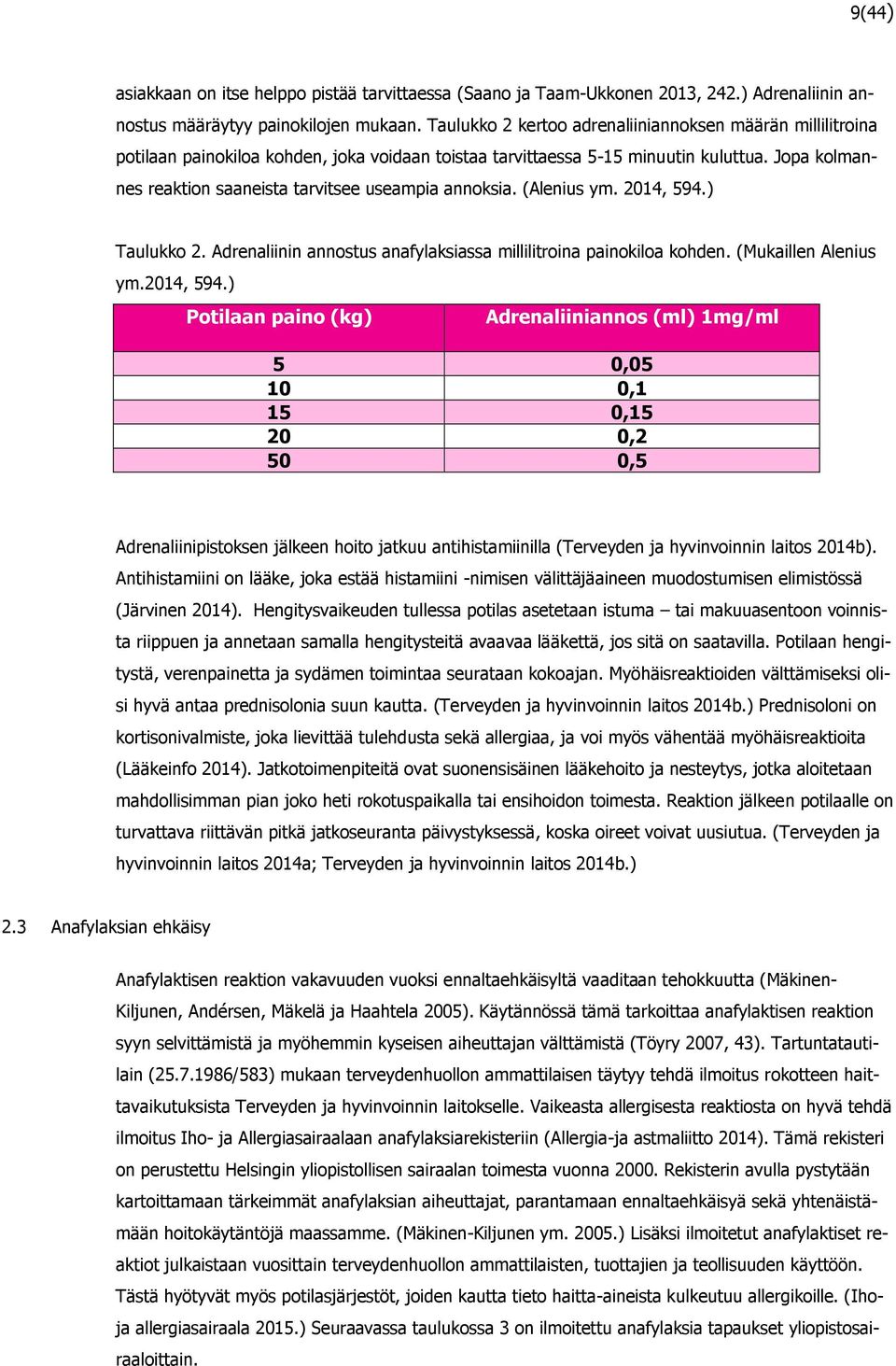 Jopa kolmannes reaktion saaneista tarvitsee useampia annoksia. (Alenius ym. 2014, 594.) Taulukko 2. Adrenaliinin annostus anafylaksiassa millilitroina painokiloa kohden. (Mukaillen Alenius ym.