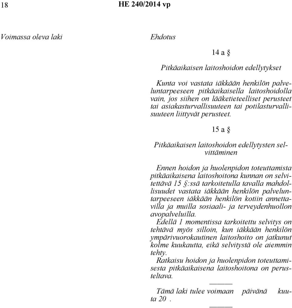 15 a Pitkäaikaisen laitoshoidon edellytysten selvittäminen Ennen hoidon ja huolenpidon toteuttamista pitkäaikaisena laitoshoitona kunnan on selvitettävä 15 :ssä tarkoitetulla tavalla mahdollisuudet
