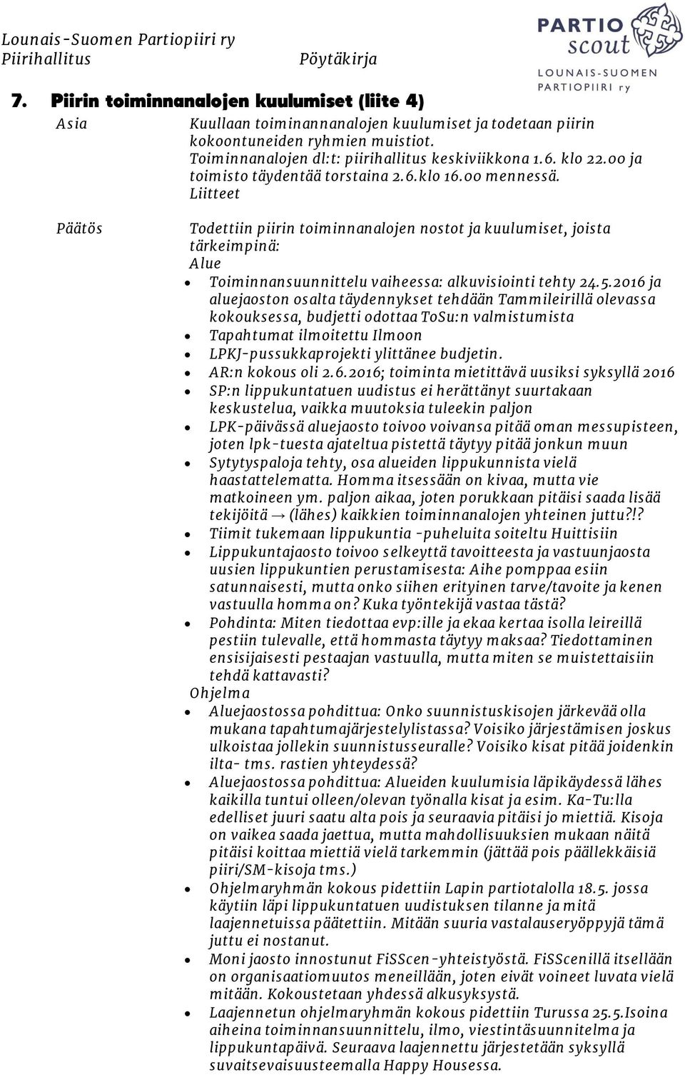 Liitteet Todettiin piirin toiminnanalojen nostot ja kuulumiset, joista tärkeimpinä: Alue Toiminnansuunnittelu vaiheessa: alkuvisiointi tehty 24.5.