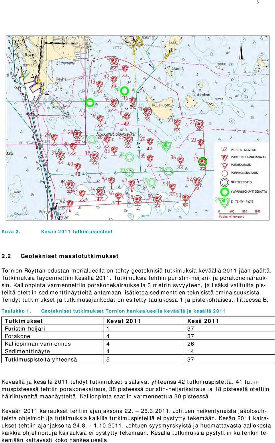 Kallionpinta varmennettiin porakonekairauksella 3 metrin syvyyteen, ja lisäksi valituilta pisteiltä otettiin sedimenttinäytteitä antamaan lisätietoa sedimenttien teknisistä ominaisuuksista.