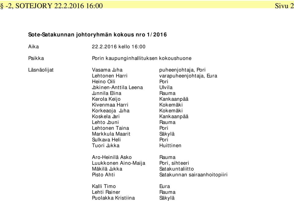 Maarit Sulkava Heli Tuori Jukka Aro-Heinilä Asko Luukkonen Aino-Maija Mäkilä Jukka Pisto Ahti Kalli Timo Lehti Rainer Puolakka Kristiina puheenjohtaja, Pori