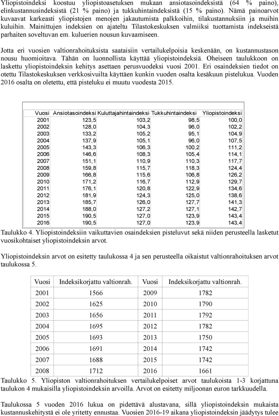 Mainittujen indeksien on ajateltu Tilastokeskuksen valmiiksi tuottamista indekseistä parhaiten soveltuvan em. kuluerien nousun kuvaamiseen.