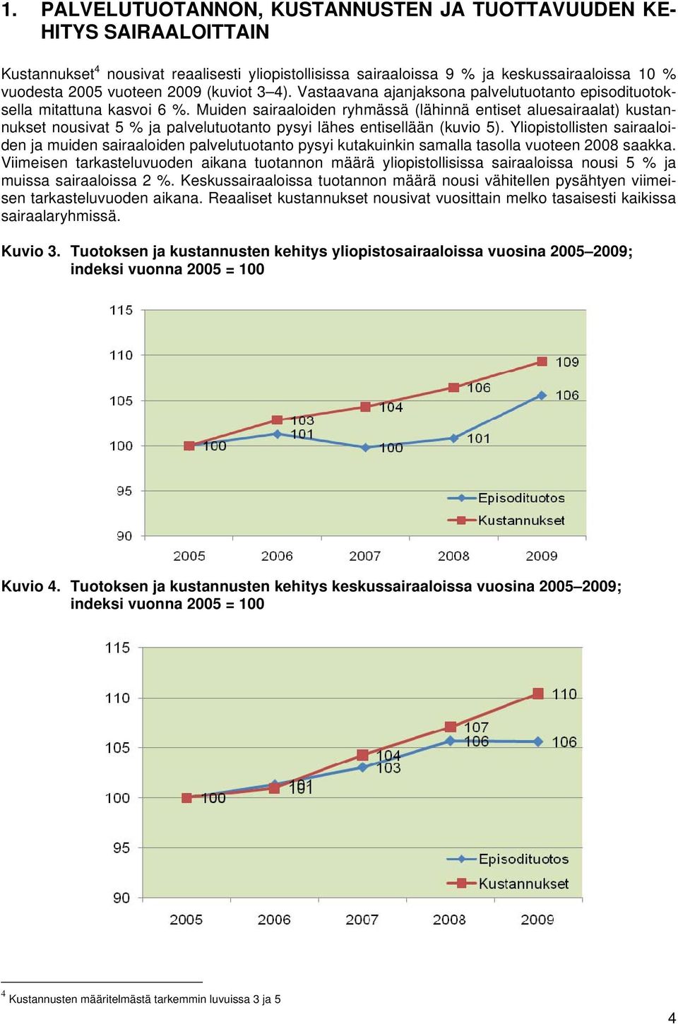 Muiden sairaaloiden ryhmässä (lähinnä entiset aluesairaalat) kustannukset nousivat 5 % ja palvelutuotanto pysyi lähes entisellään (kuvio 5).