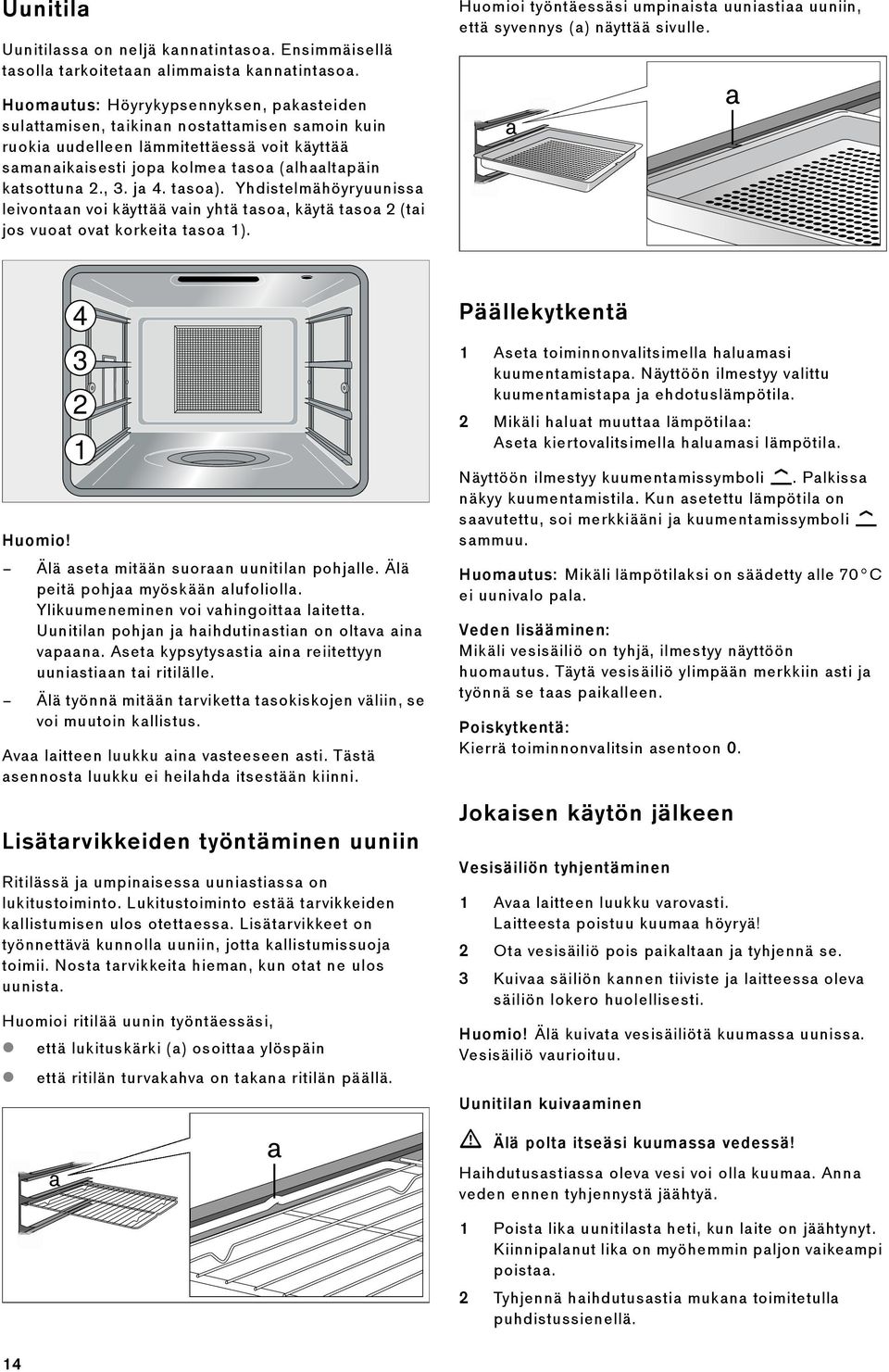 , 3. ja 4. tasoa). Yhdistelmähöyryuunissa leivontaan voi käyttää vain yhtä tasoa, käytä tasoa 2 (tai jos vuoat ovat korkeita tasoa 1).