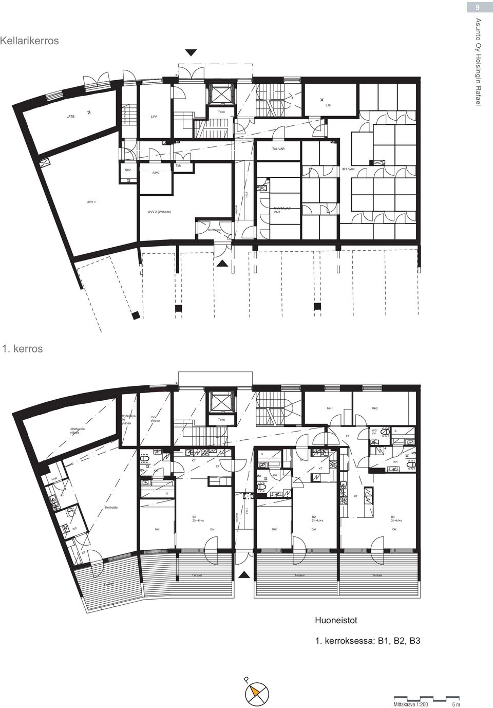 kerros MH1 MH2 Hyökkäystie yläosa LVV yläosa Tekn Jätehuone yläosa WC/ VH VAR Kerhotila B1