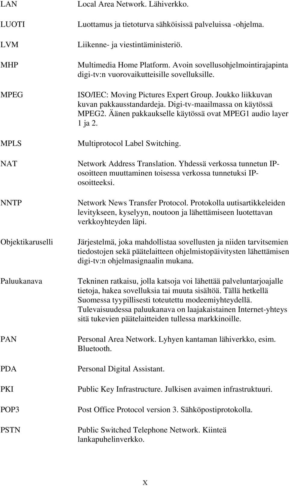 Joukko liikkuvan kuvan pakkausstandardeja. Digi-tv-maailmassa on käytössä MPEG2. Äänen pakkaukselle käytössä ovat MPEG1 audio layer 1 ja 2. Multiprotocol Label Switching. Network Address Translation.