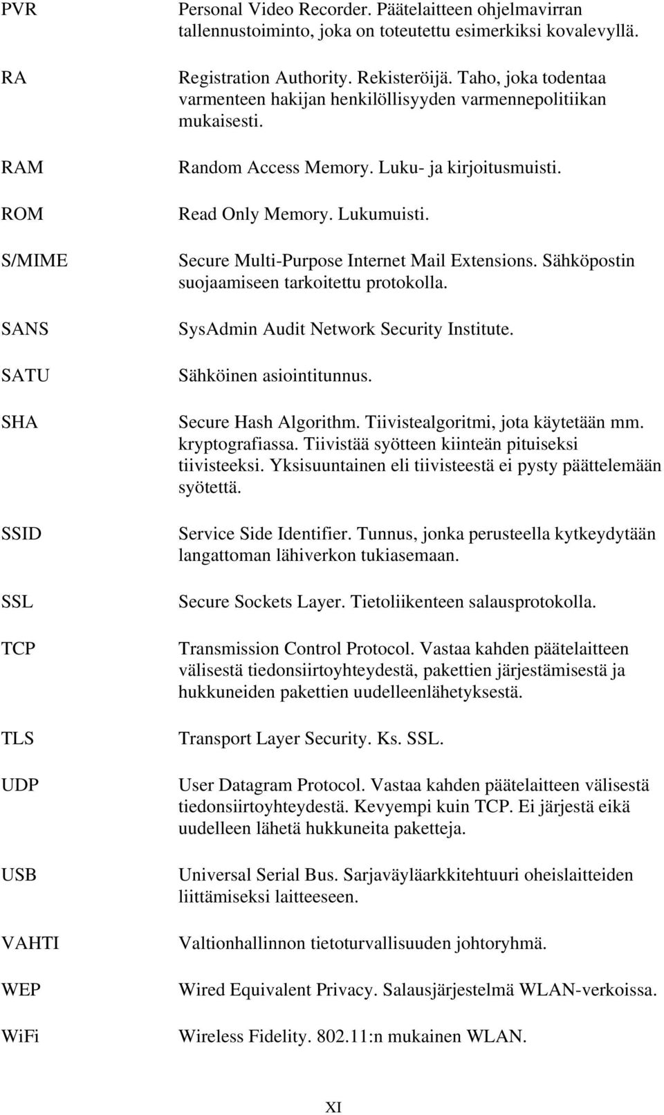 Lukumuisti. Secure Multi-Purpose Internet Mail Extensions. Sähköpostin suojaamiseen tarkoitettu protokolla. SysAdmin Audit Network Security Institute. Sähköinen asiointitunnus. Secure Hash Algorithm.