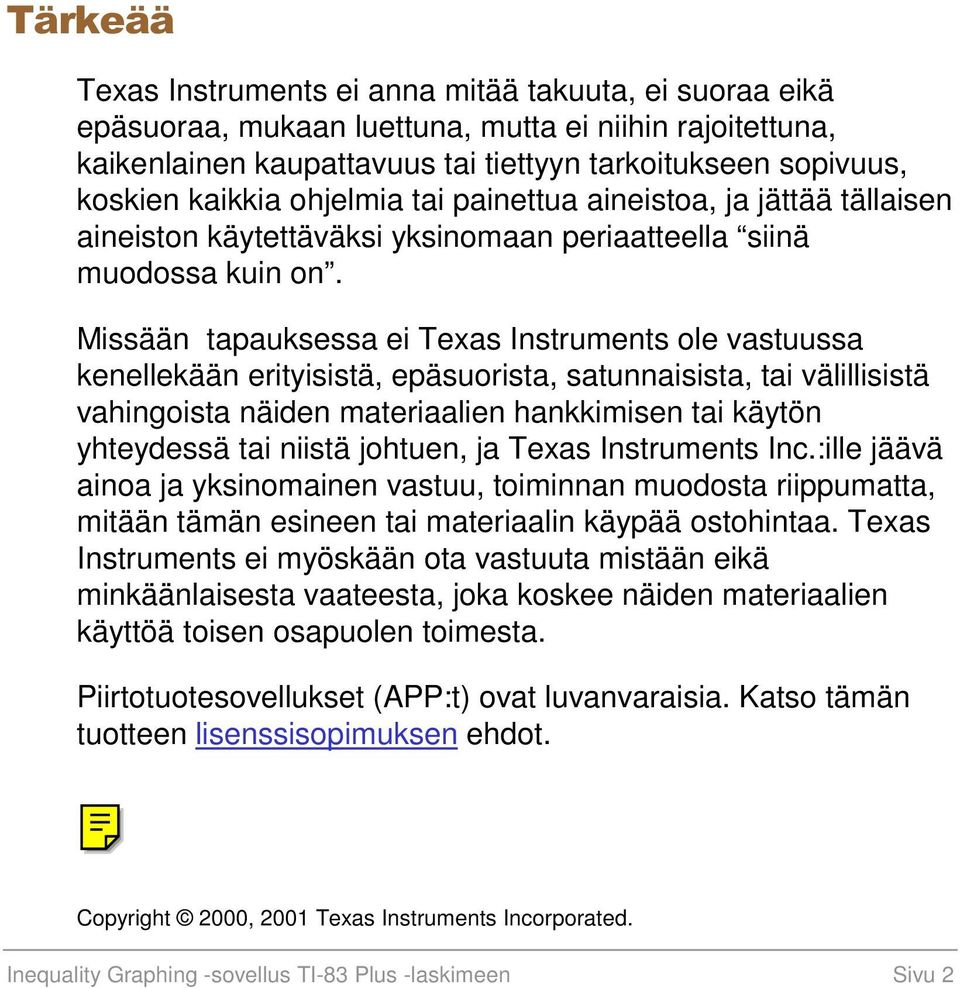 Missään tapauksessa ei Texas Instruments ole vastuussa kenellekään erityisistä, epäsuorista, satunnaisista, tai välillisistä vahingoista näiden materiaalien hankkimisen tai käytön yhteydessä tai