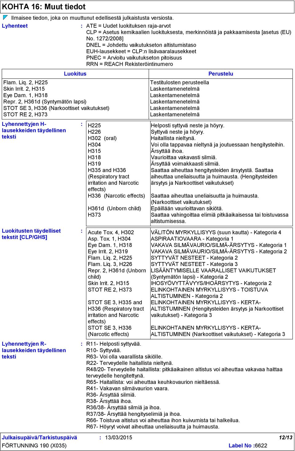 2, H361d (Syntymätön lapsi) STOT SE 3, H336 (Narkoottiset ) STOT RE 2, H373 Luokitusten täydelliset tekstit [CLP/GHS] ATE = Uudet luokituksen raja-arvot CLP = Asetus kemikaalien luokituksesta,