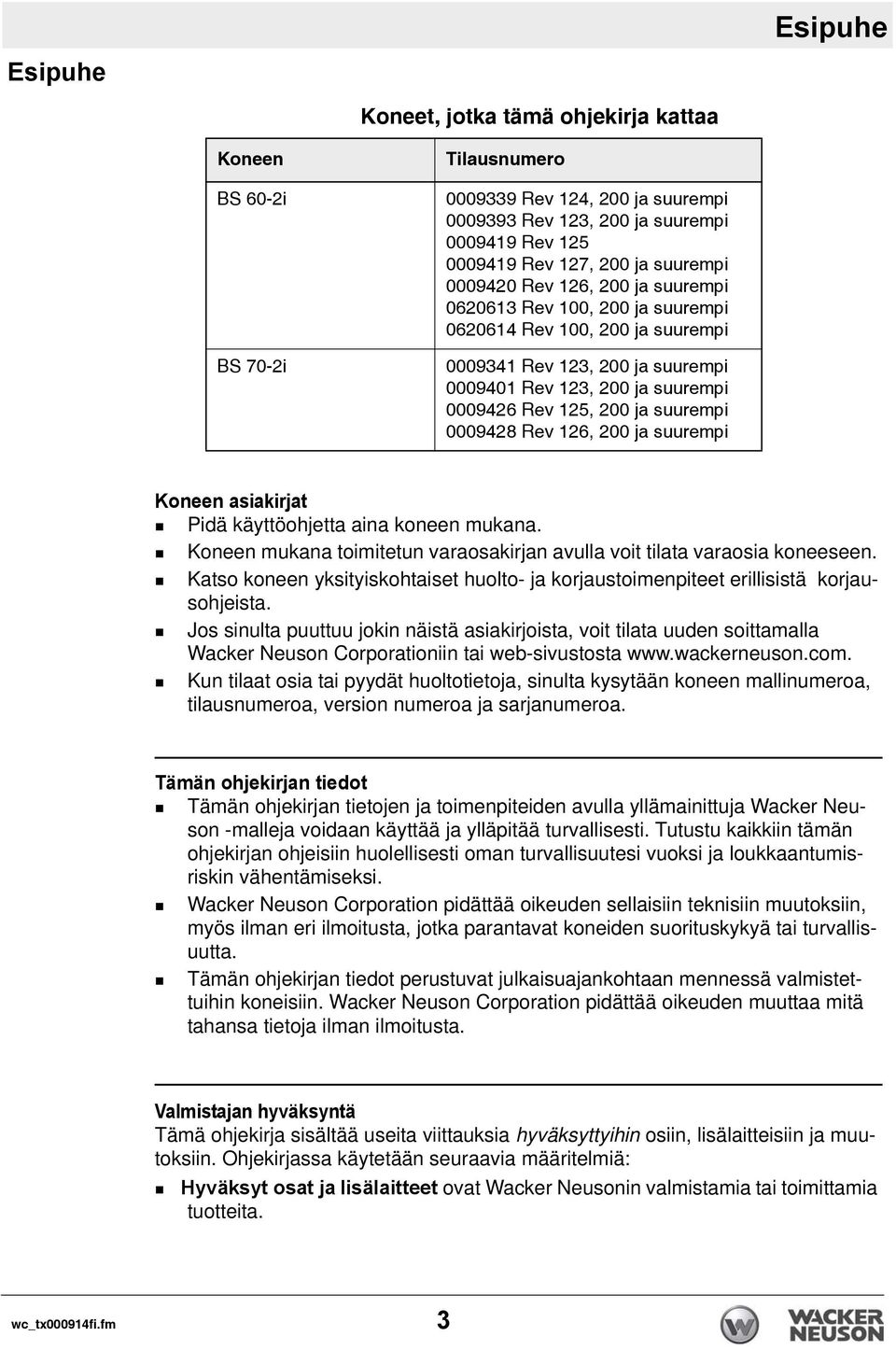 suurempi 0009428 Rev 126, 200 ja suurempi Koneen asiakirjat Pidä käyttöohjetta aina koneen mukana. Koneen mukana toimitetun varaosakirjan avulla voit tilata varaosia koneeseen.