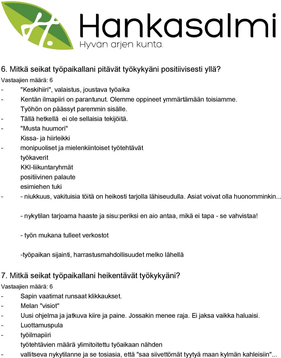 - "Musta huumori" Kissa- ja hiirleikki - monipuoliset ja mielenkiintoiset työtehtävät työkaverit KKI-liikuntaryhmät positiivinen palaute esimiehen tuki - - niukkuus, vakituisia töitä on heikosti