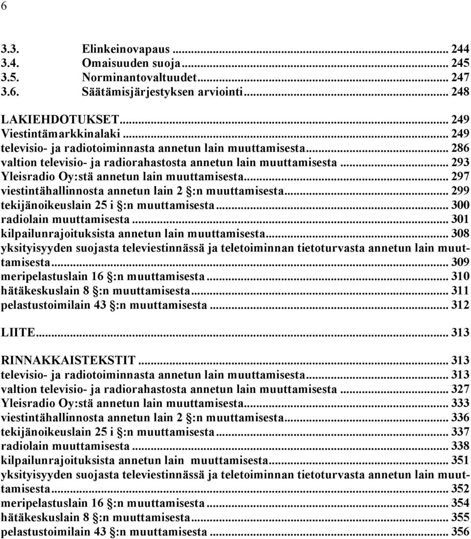 .. 297 viestintähallinnosta annetun lain 2 :n muuttamisesta... 299 tekijänoikeuslain 25 i :n muuttamisesta... 300 radiolain muuttamisesta... 301 kilpailunrajoituksista annetun lain muuttamisesta.