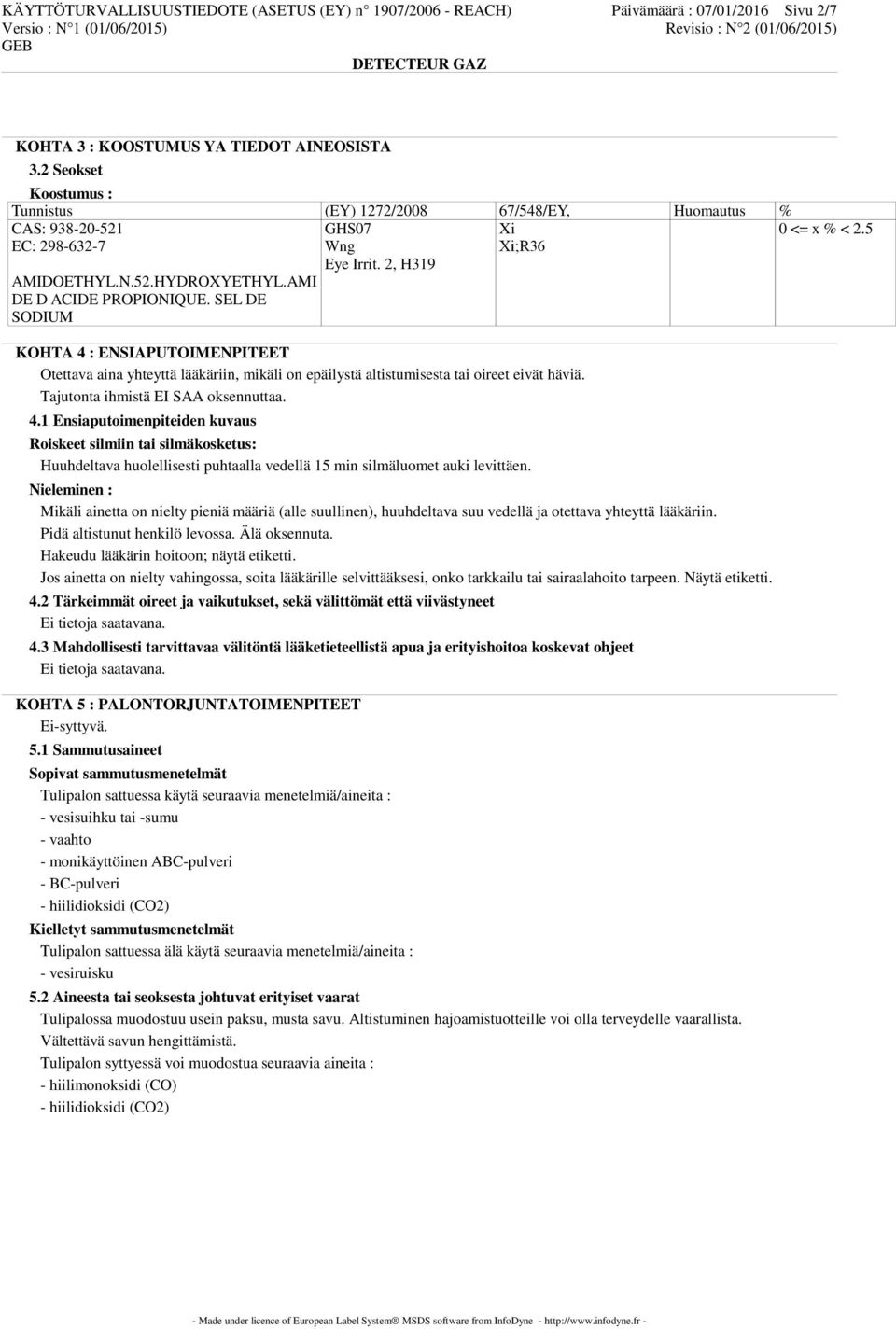 SEL DE SODIUM GHS07 Wng Eye Irrit. 2, H319 KOHTA 4 : ENSIAPUTOIMENPITEET Otettava aina yhteyttä lääkäriin, mikäli on epäilystä altistumisesta tai oireet eivät häviä.