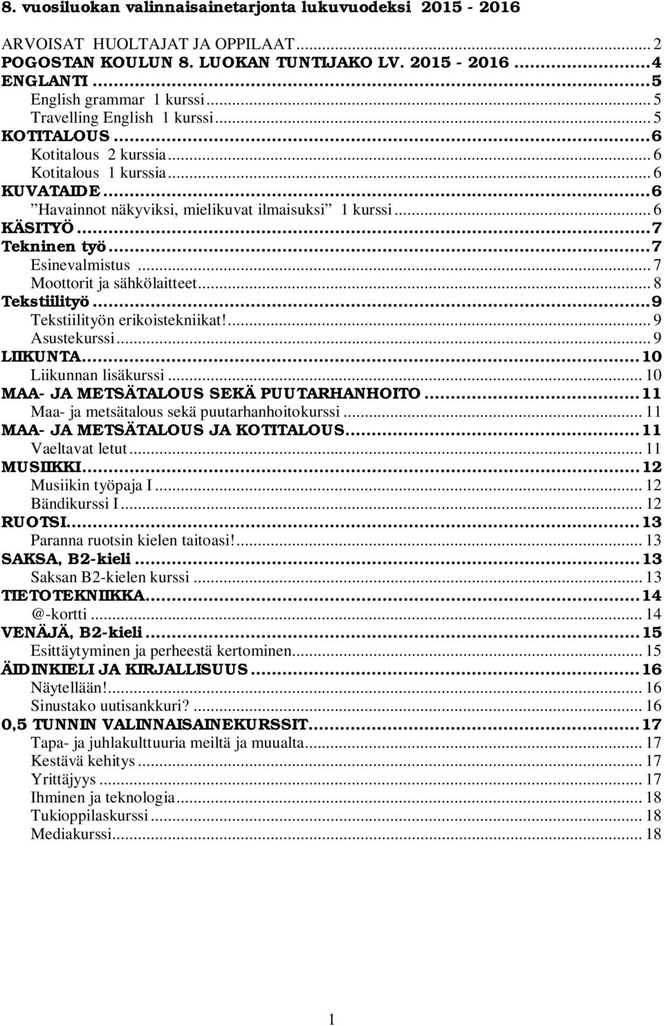 .. 7 Tekninen työ... 7 Esinevalmistus... 7 Moottorit ja sähkölaitteet... 8 Tekstiilityö... 9 Tekstiilityön erikoistekniikat!... 9 Asustekurssi... 9 LIIKUNTA... 10 Liikunnan lisäkurssi.