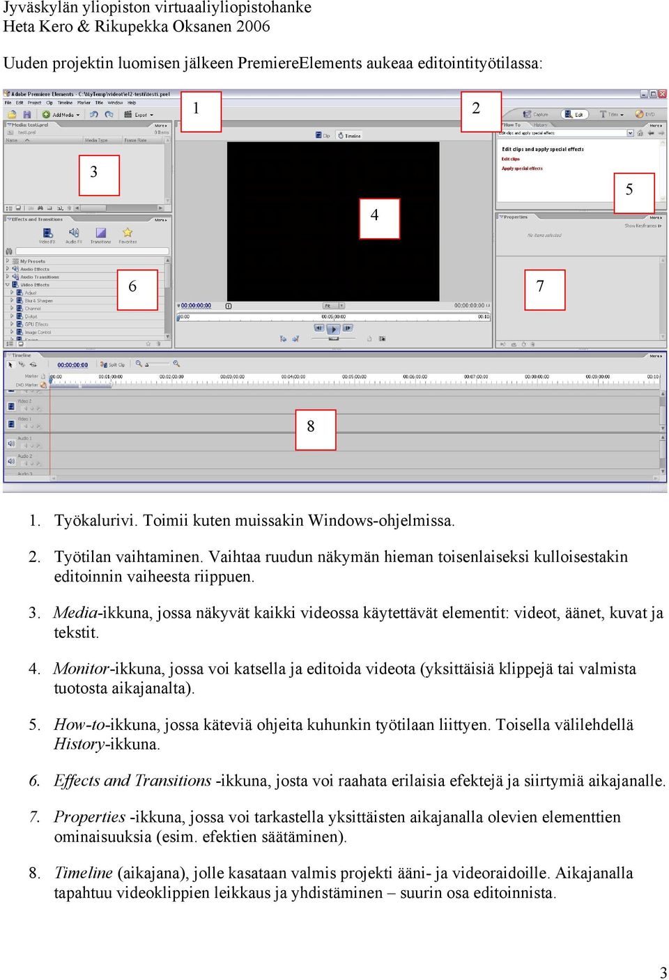 Monitor-ikkuna, jossa voi katsella ja editoida videota (yksittäisiä klippejä tai valmista tuotosta aikajanalta). 5. How-to-ikkuna, jossa käteviä ohjeita kuhunkin työtilaan liittyen.