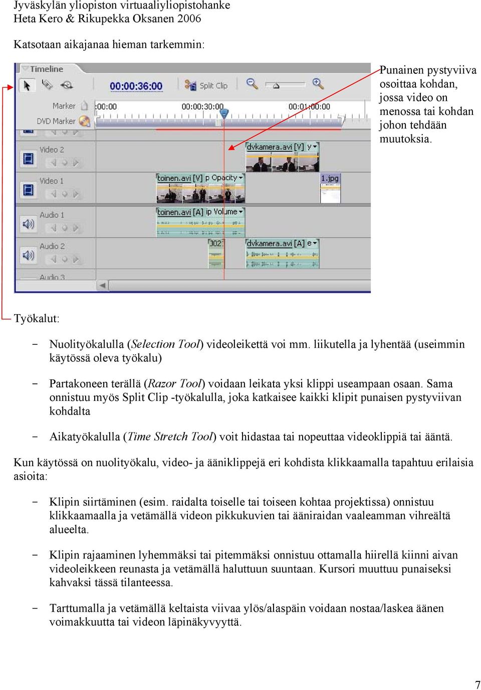 Sama onnistuu myös Split Clip -työkalulla, joka katkaisee kaikki klipit punaisen pystyviivan kohdalta - Aikatyökalulla (Time Stretch Tool) voit hidastaa tai nopeuttaa videoklippiä tai ääntä.