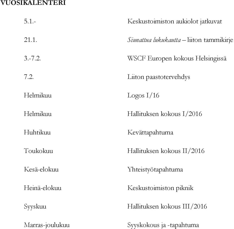 Kesä-elokuu Heinä-elokuu Syyskuu Marras-joulukuu Kevättapahtuma Hallituksen kokous II/2016