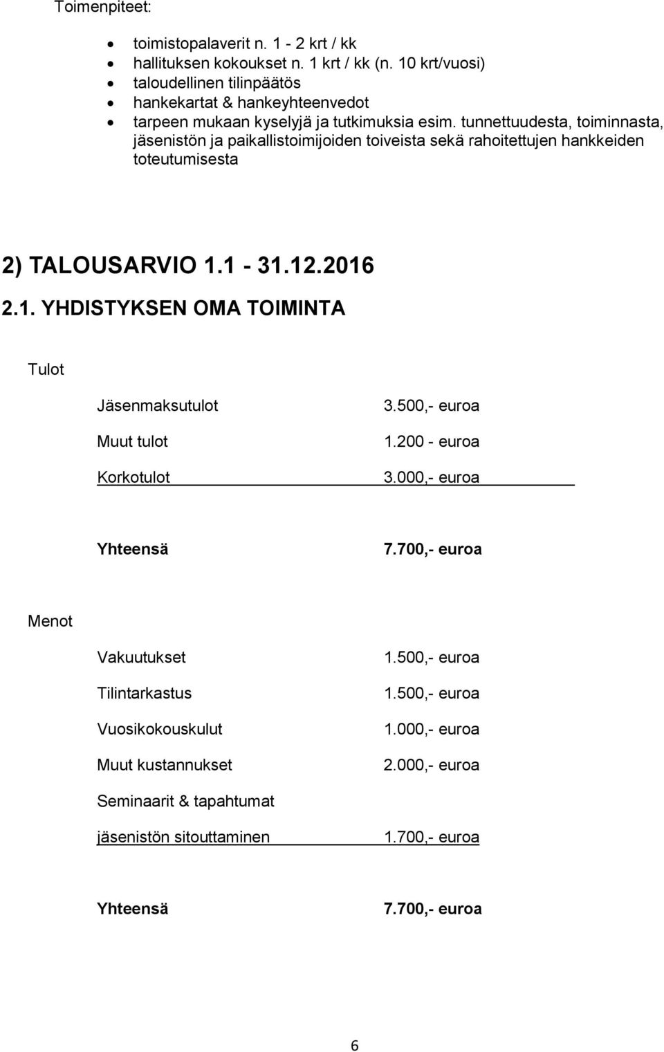 tunnettuudesta, toiminnasta, jäsenistön ja paikallistoimijoiden toiveista sekä rahoitettujen hankkeiden toteutumisesta 2) TALOUSARVIO 1.