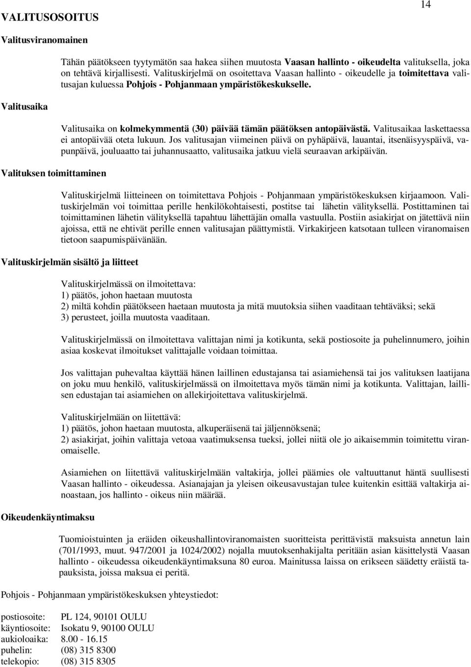 Valitusaika on kolmekymmentä (30) päivää tämän päätöksen antopäivästä. Valitusaikaa laskettaessa ei antopäivää oteta lukuun.