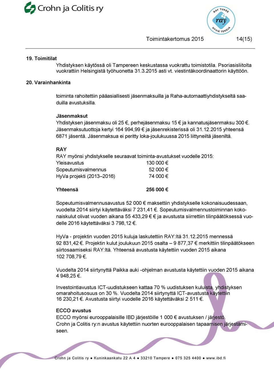 Jäsenmaksut Yhdistyksen jäsenmaksu oli 25, perhejäsenmaksu 15 ja kannatusjäsenmaksu 300. Jäsenmaksutuottoja kertyi 164 994,99 ja jäsenrekisterissä oli 31.12.2015 yhteensä 6871 jäsentä.