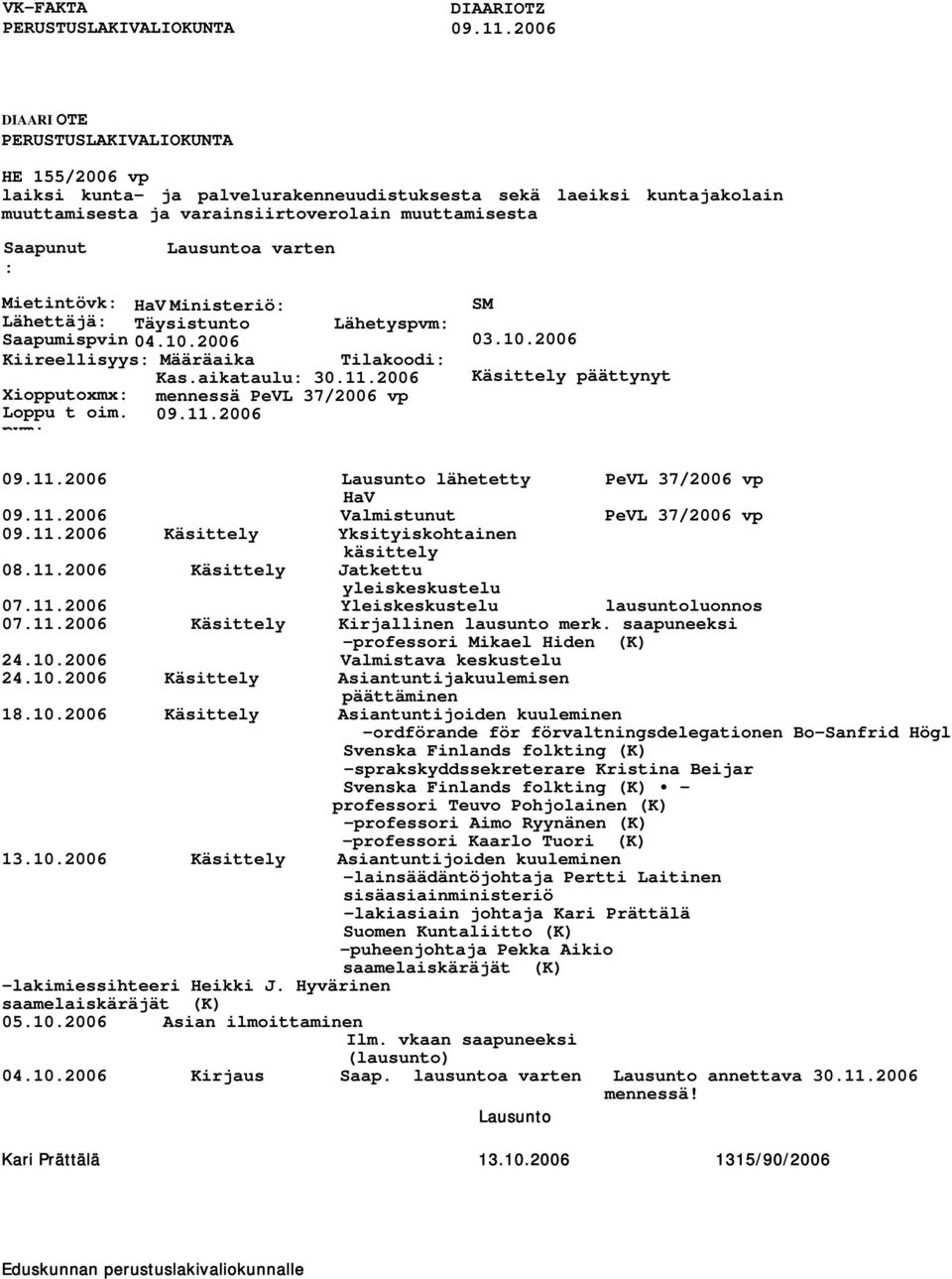 varten Mietintövk: HaV Ministeriö: Lähettäjä: Täysistunto Saapumispvin 04.10.2006 : Kiireellisyys: Määräaika Xiopputoxmx: Loppu t oim. pvm: Lähetyspvm: Tilakoodi: Kas.aikataulu: 30.11.