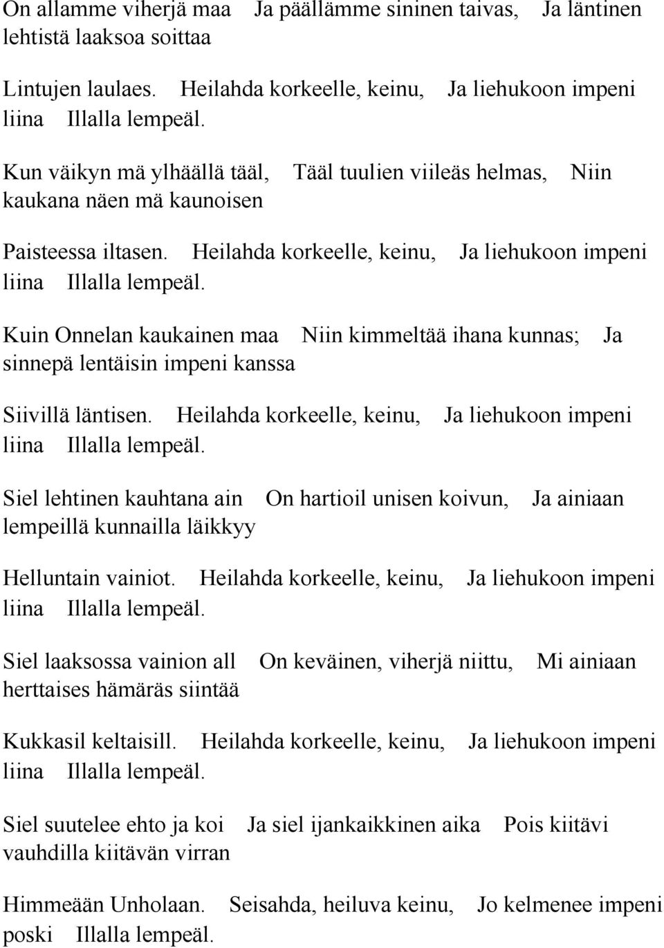 Kuin Onnelan kaukainen maa Niin kimmeltää ihana kunnas; Ja sinnepä lentäisin impeni kanssa Siivillä läntisen. Heilahda korkeelle, keinu, Ja liehukoon impeni liina Illalla lempeäl.