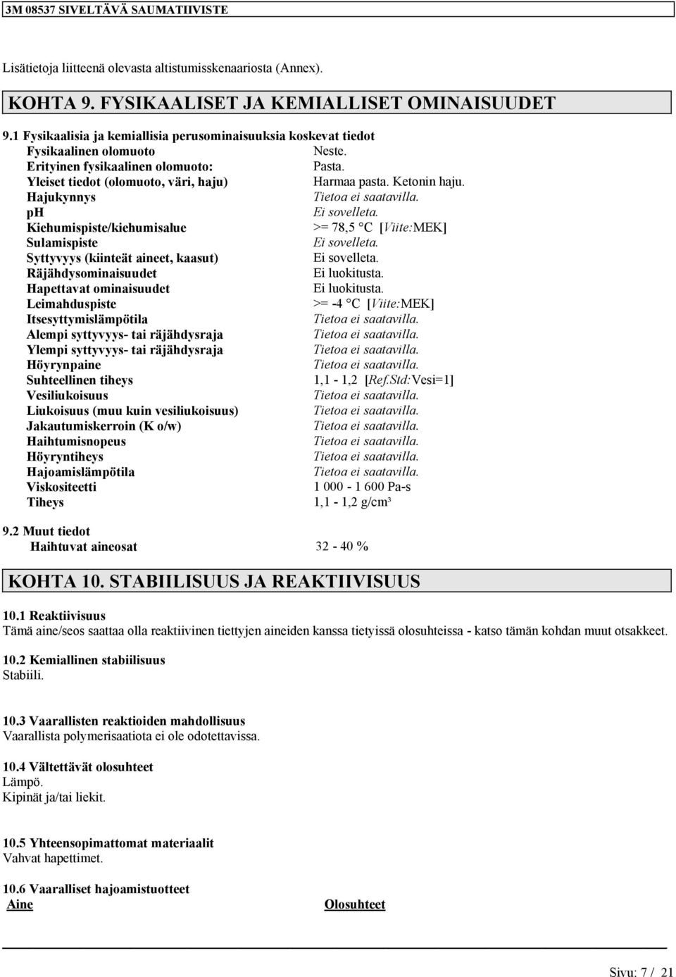 Hajukyys Tietoa ei ph Ei sovelleta. Kiehumispiste/kiehumisalue >= 78,5 C [Viite:MEK] Sulamispiste Ei sovelleta. Syttyvyys (kiiteät aieet, kaasut) Ei sovelleta. Räjähdysomiaisuudet Ei.