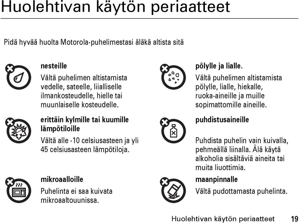 mikroaalloille Puhelinta ei saa kuivata mikroaaltouunissa. pölylle ja lialle. Vältä puhelimen altistamista pölylle, lialle, hiekalle, ruoka-aineille ja muille sopimattomille aineille.