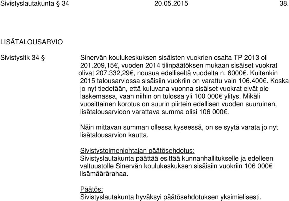 Koska jo nyt tiedetään, että kuluvana vuonna sisäiset vuokrat eivät ole laskemassa, vaan niihin on tulossa yli 100 000 ylitys.