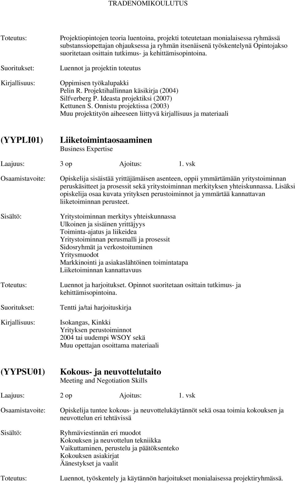 Onnistu projektissa (2003) Muu projektityön aiheeseen liittyvä kirjallisuus ja materiaali (YYPLI01) Liiketoimintaosaaminen Business Expertise Laajuus: Ajoitus: 1.