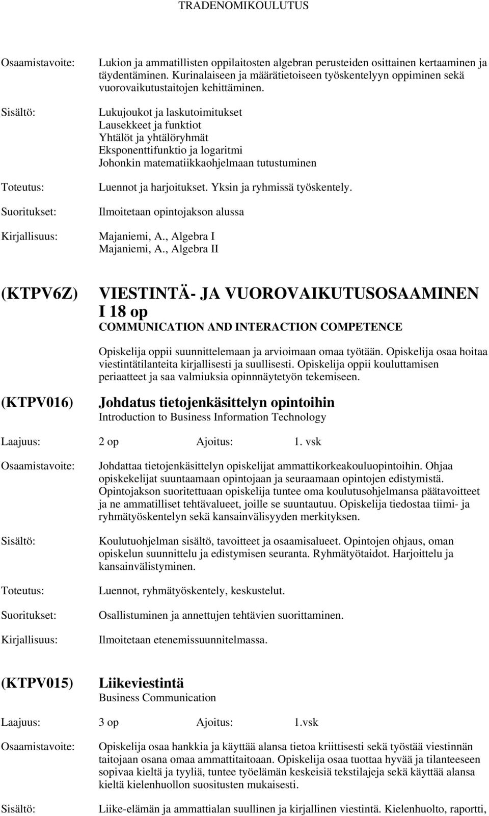 Yksin ja ryhmissä työskentely. Ilmoitetaan opintojakson alussa Majaniemi, A., Algebra I Majaniemi, A.