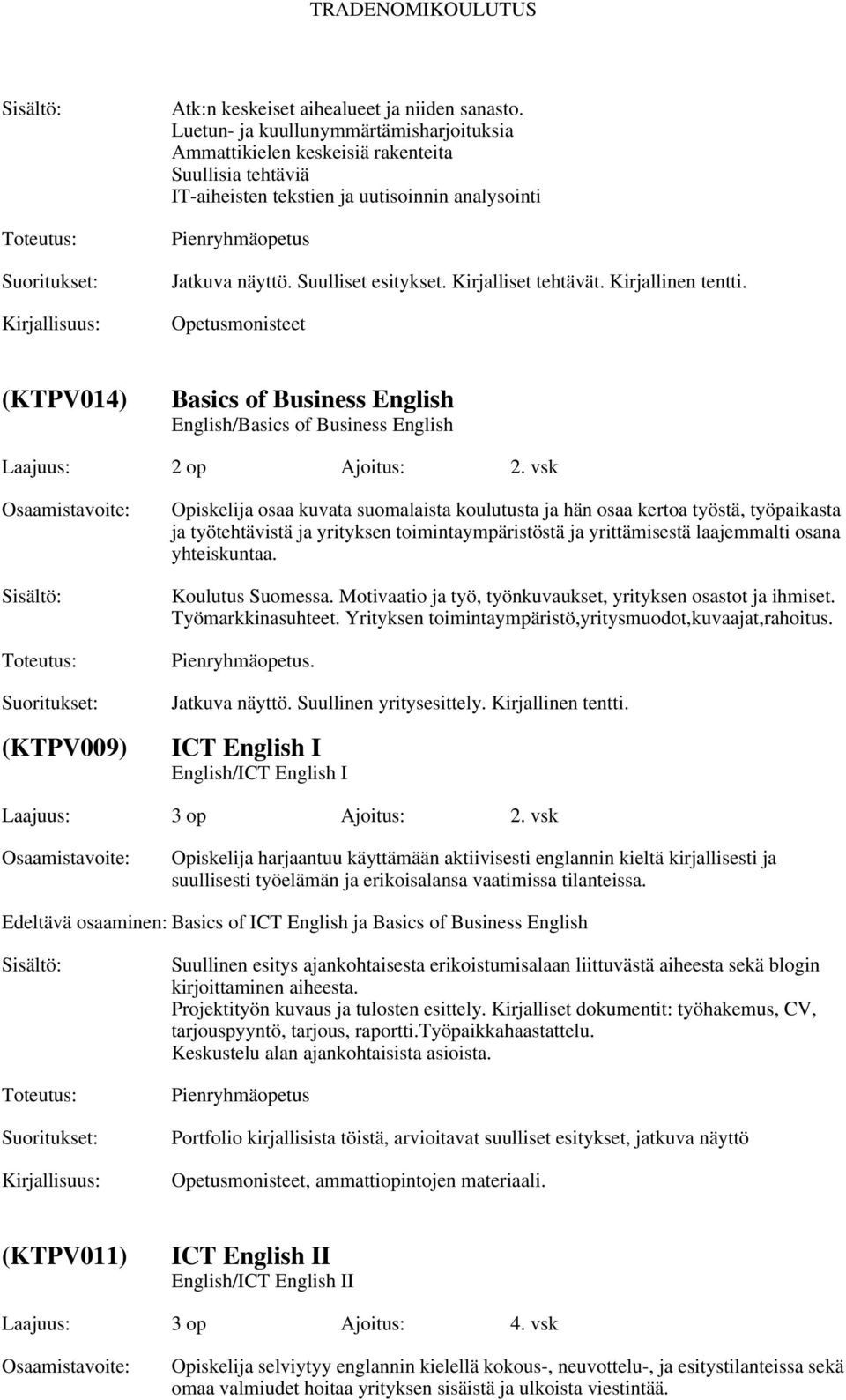 Kirjalliset tehtävät. Kirjallinen tentti. Opetusmonisteet (KTPV014) Basics of Business English English/Basics of Business English Laajuus: 2 op Ajoitus: 2.