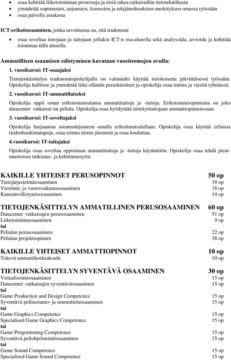 Ammatillisen osaamisen edistyminen kuvataan vuositeemojen avulla: 1. vuosikurssi: IT-osaajaksi Tietojenkäsittelyn tradenomiopiskelijalla on valmiudet käyttää tietokonetta päivittäisessä työssään.