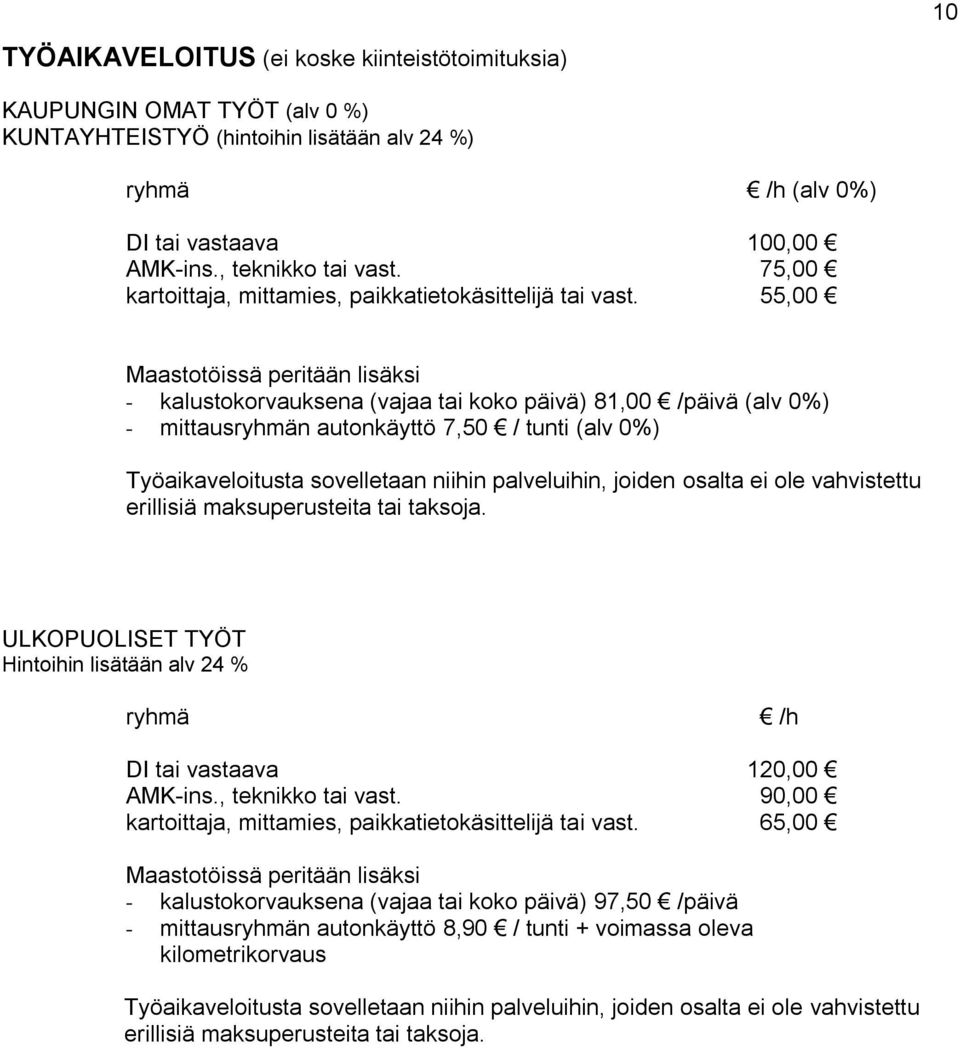 55,00 Maastotöissä peritään lisäksi - kalustokorvauksena (vajaa tai koko päivä) 81,00 /päivä (alv 0%) - mittausryhmän autonkäyttö 7,50 / tunti (alv 0%) Työaikaveloitusta sovelletaan niihin