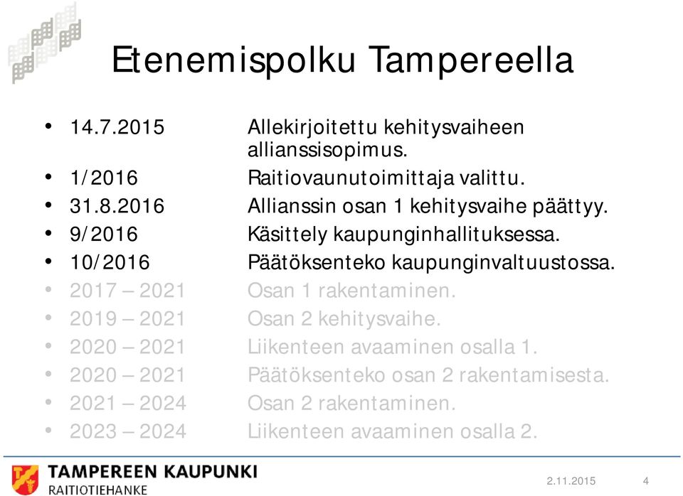 10/2016 Päätöksenteko kaupunginvaltuustossa. 2017 2021 Osan 1 rakentaminen. 2019 2021 Osan 2 kehitysvaihe.