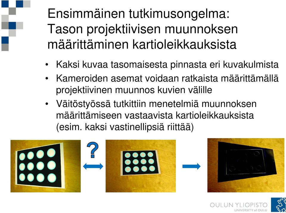 voidaan ratkaista määrittämällä projektiivinen muunnos kuvien välille Väitöstyössä