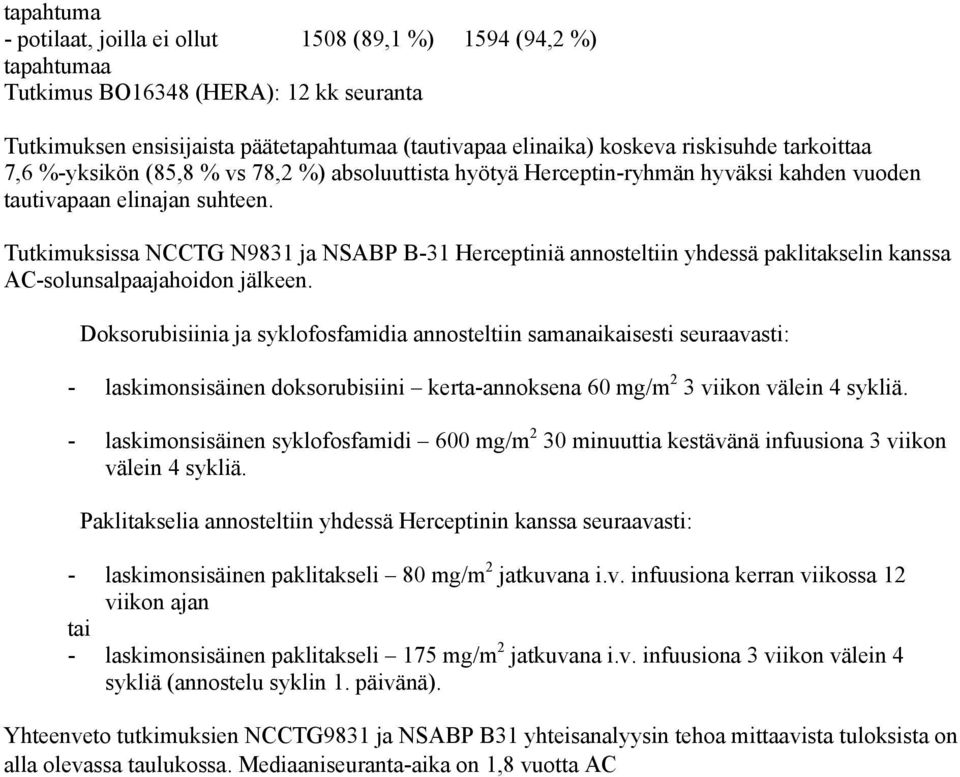 Tutkimuksissa NCCTG N9831 ja NSABP B-31 Herceptiniä annosteltiin yhdessä paklitakselin kanssa AC-solunsalpaajahoidon jälkeen.