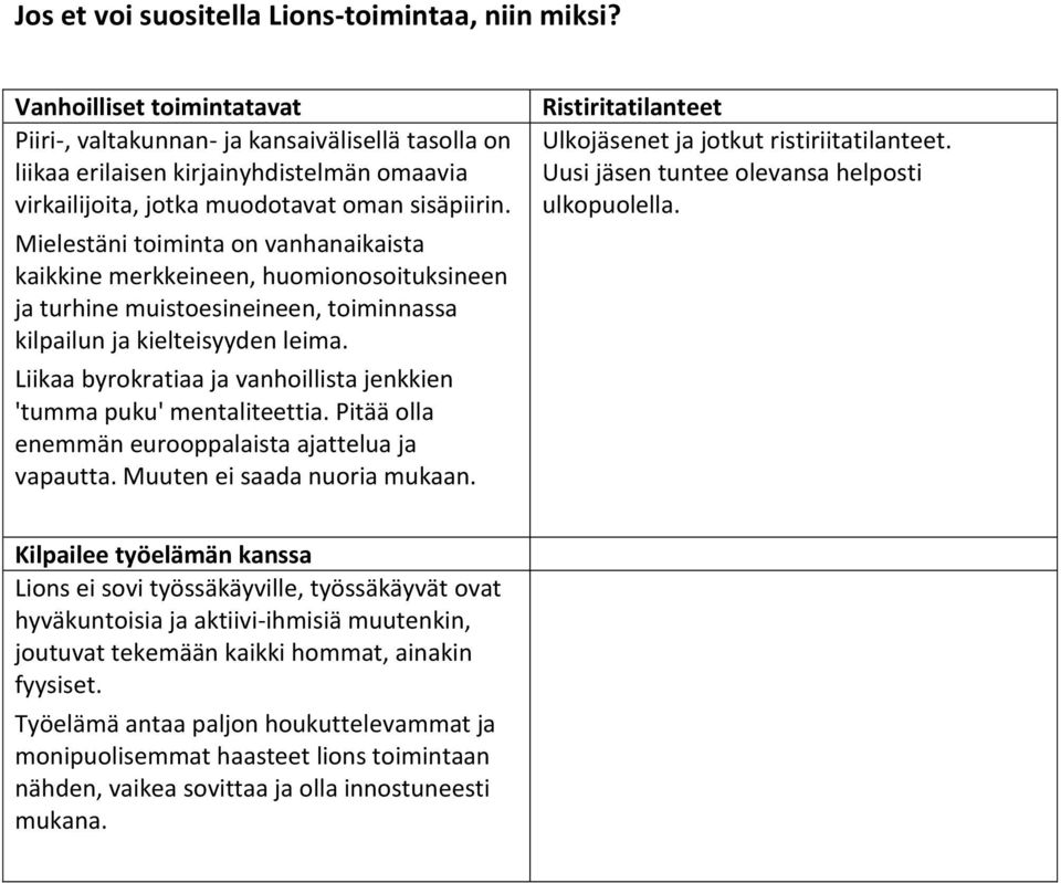 Mielestäni toiminta on vanhanaikaista kaikkine merkkeineen, huomionosoituksineen ja turhine muistoesineineen, toiminnassa kilpailun ja kielteisyyden leima.