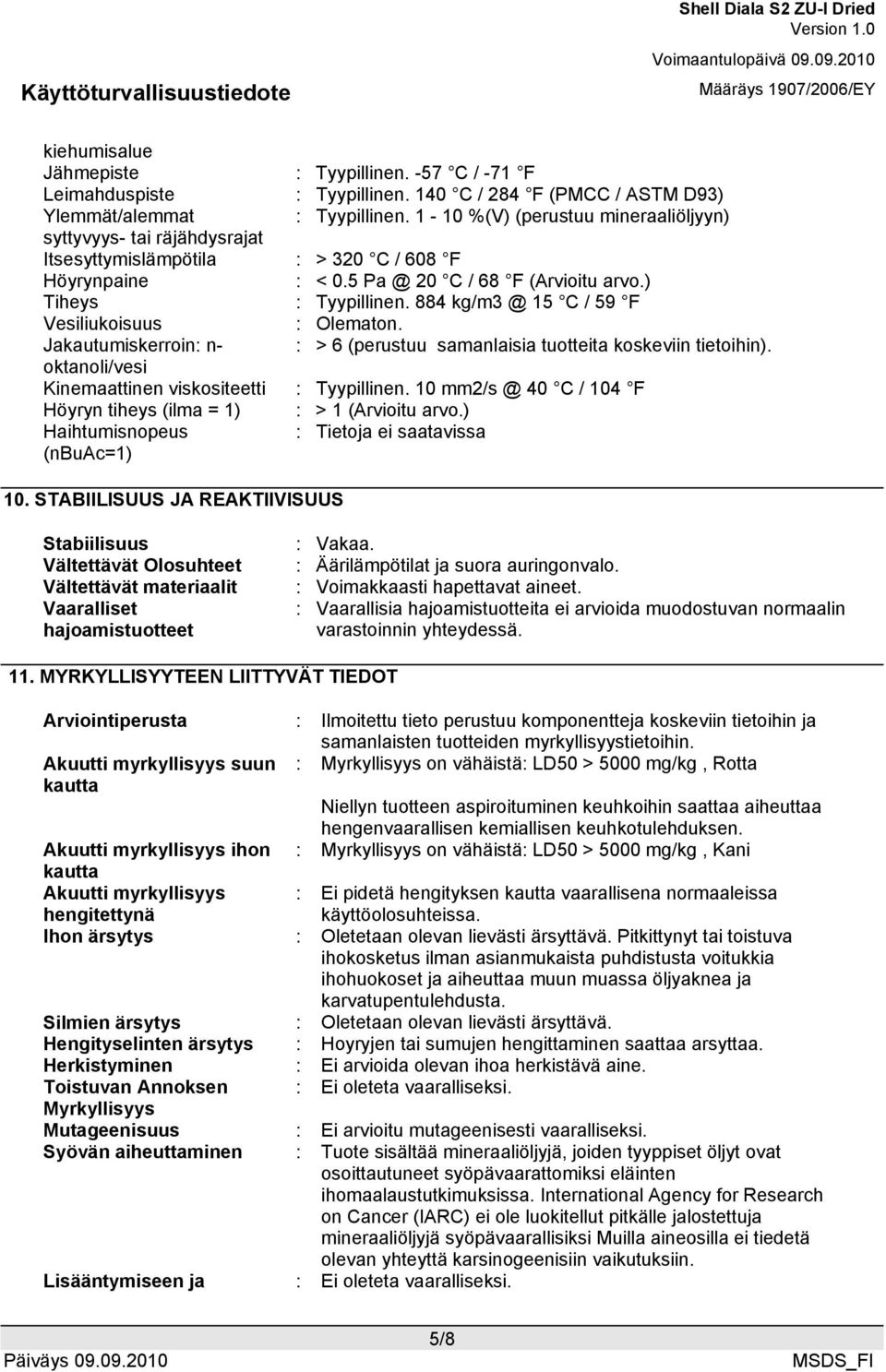 884 kg/m3 @ 15 C / 59 F Vesiliukoisuus : Olematon. Jakautumiskerroin: n- : > 6 (perustuu samanlaisia tuotteita koskeviin tietoihin). oktanoli/vesi Kinemaattinen viskositeetti : Tyypillinen.