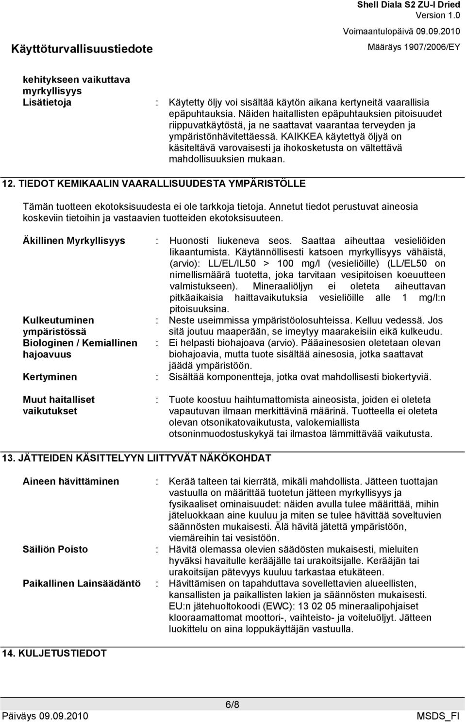 KAIKKEA käytettyä öljyä on käsiteltävä varovaisesti ja ihokosketusta on vältettävä mahdollisuuksien mukaan. 12.